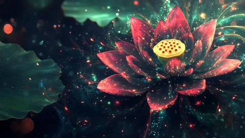 Cosmic lotus bloom glows over dark ethereal water.