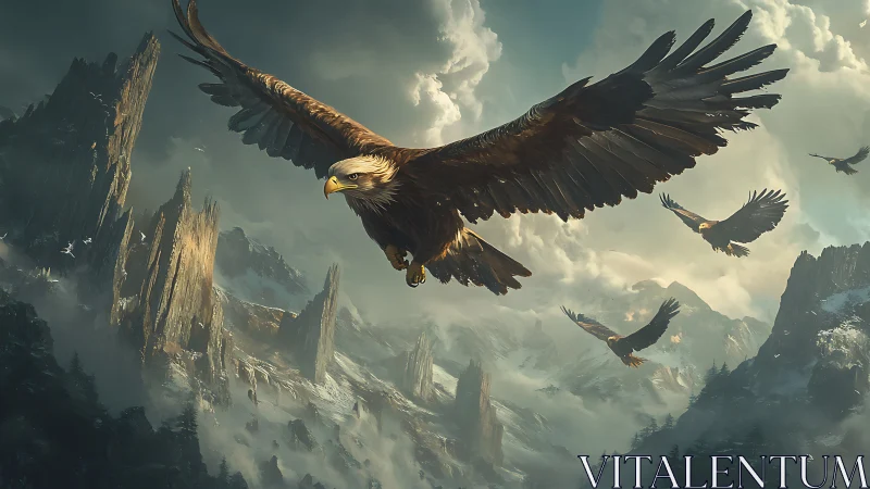 Majestic Eagles Soaring Over Dramatic Mountain Peaks, Digital Art.