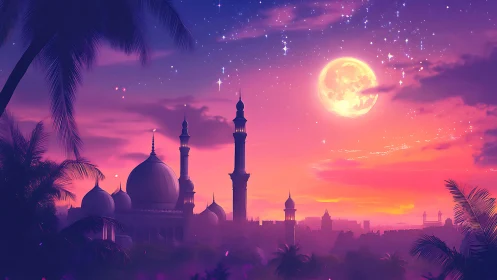 Dome mosque skyline under saturated twilight gradient and luminous moon