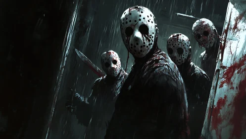 Masked figures in the rain invite a chilling night encounter.