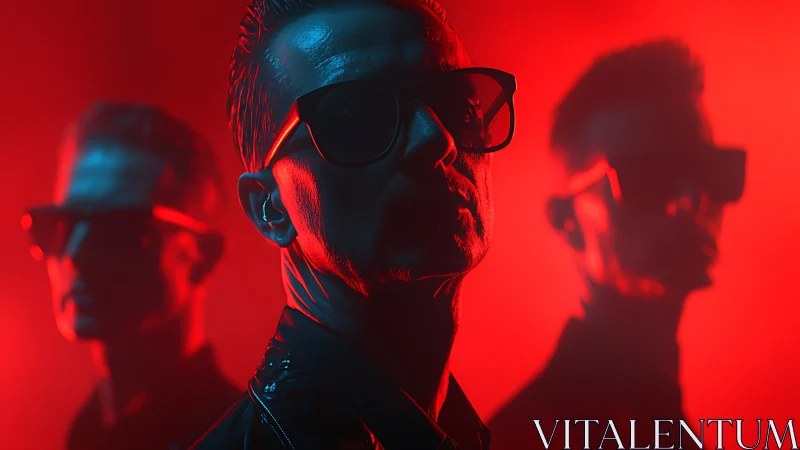 Triadic portrait isolates silhouettes under neon red keylight