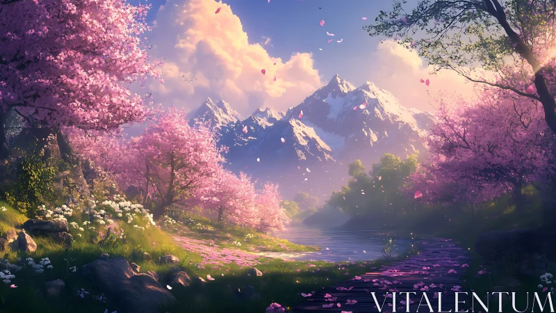 Blossom-lined river drifts softly beneath glowing alpine peaks