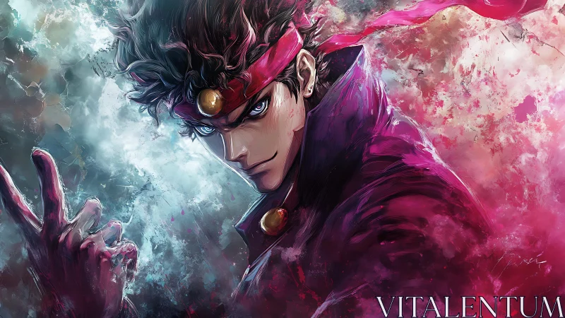 Crimson-band warrior in storm of icy and ember light.