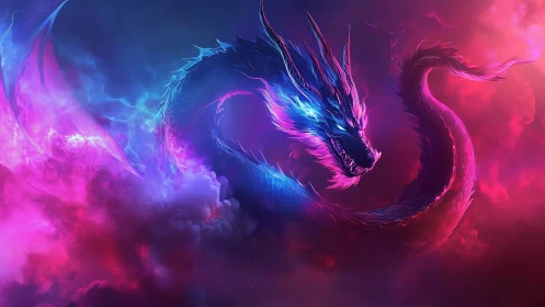Bioluminescent neon dragon coiled in magenta storm clouds