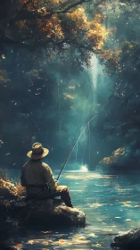 Solitary angler by forest pool under filtered light.
