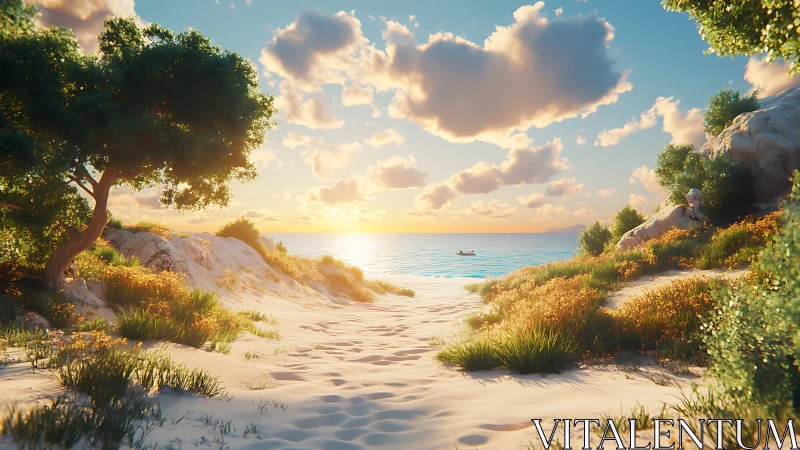 Digital rendering depicting beachside cove with atmospheric lighting and geometric composition.