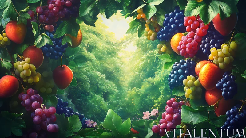 Sunlit fruit arch frames lush summer forest path.