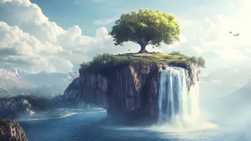 Elevated Clifftop Biome With Cascading Waterfall and Solitary Crown Tree.