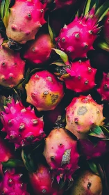 Close view of stacked dragon fruits with varied surface hues.