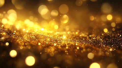 Abstract golden glitter bokeh background with glowing light effects.