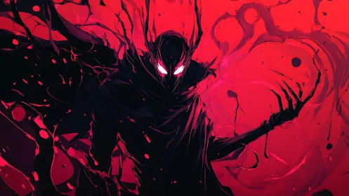 Shadow demon emerges in swirling crimson void of chaos.