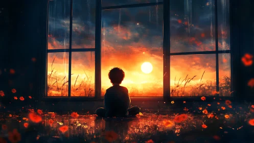 Backlit child silhouette observing solar horizon through window.