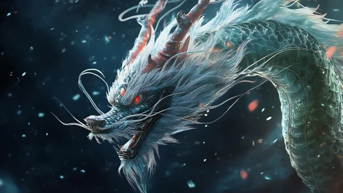 Luminescent eastern dragon arcs through particulate twilight field