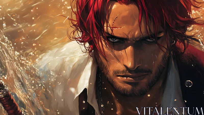 Scarred red-haired swordsman emerges from crashing seawater