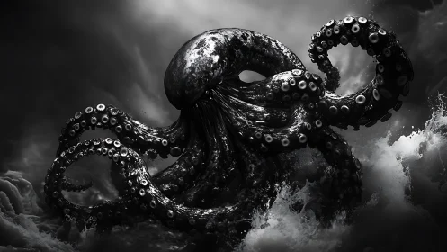 Giant octopus emerges among storm waves in monochrome seascape
