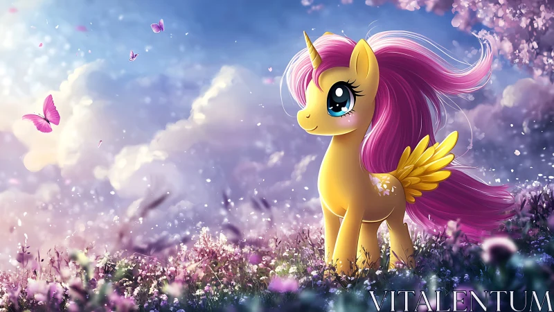 Golden winged pony gazes across a dreamy flower meadow