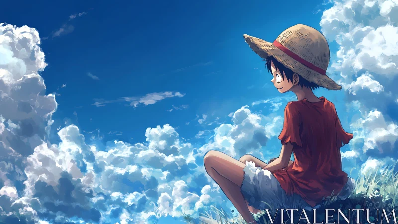 Straw hat boy gazes across expansive cumulus skyscape