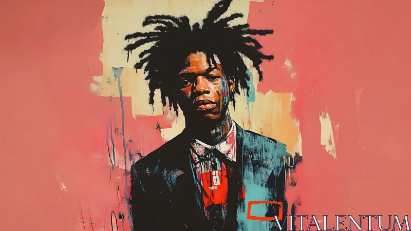 Expressive portrait of a young man against bold coral abstractions