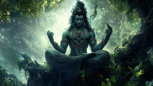 Forest yogi deity levitates in luminous emerald stillness.