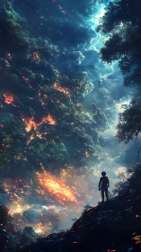 Solitary Explorer Gazing at Nature's Fiery Wonder.