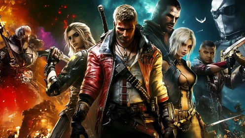 High-contrast squad of stylized warriors under tri-color lighting gradients