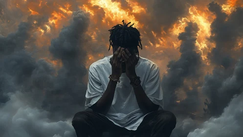 Storm-lit figure sits in quiet struggle amid blazing clouds