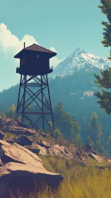 Fire lookout tower against alpine ridge in stylized light.