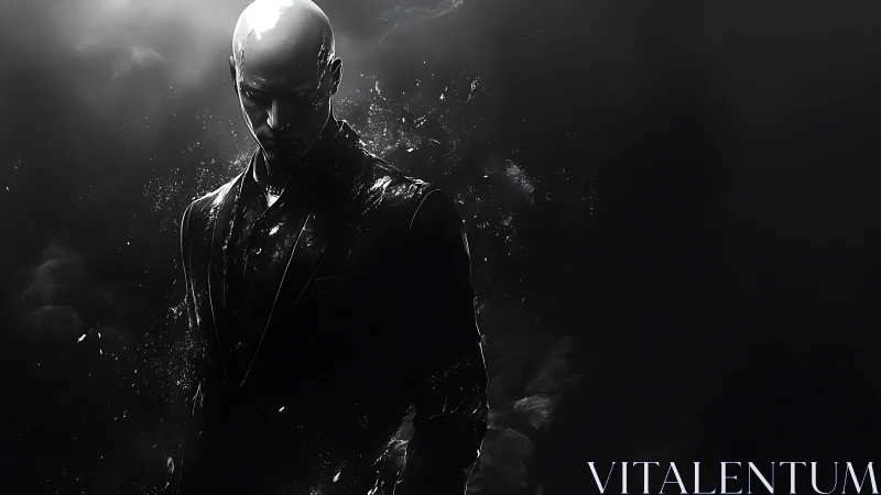 Shadowed bald figure dissolves into drifting monochrome dust