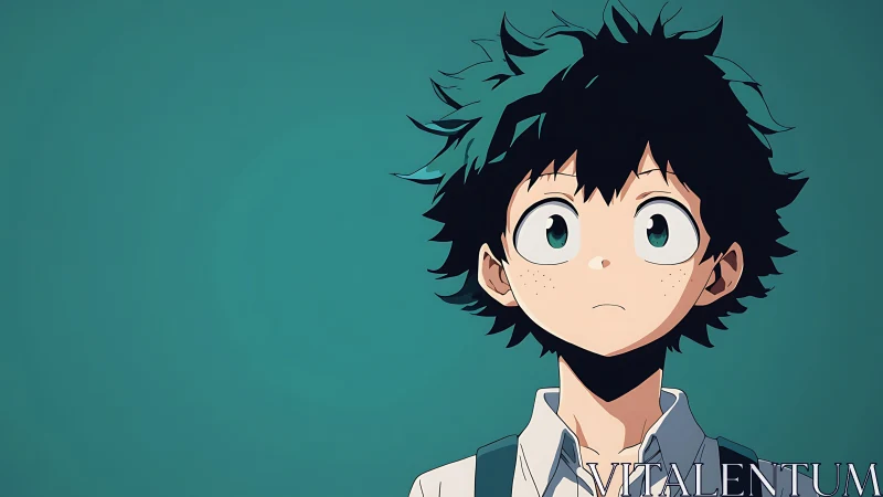 Youthful anime student with teal backdrop and soft cel shading.