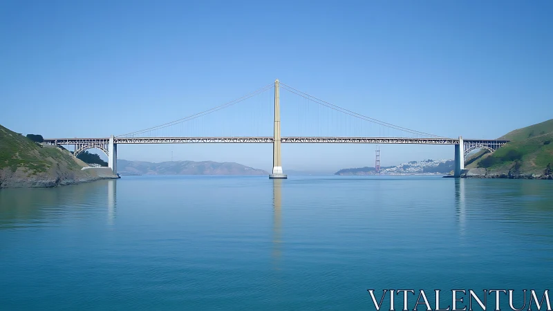 Suspension bridge spans calm bay between two green headlands