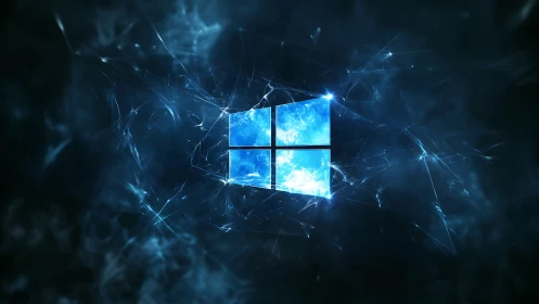 Blue window icon in abstract digital particle field.