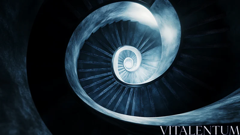Spiral staircase vortex with cinematic blue radial lighting.