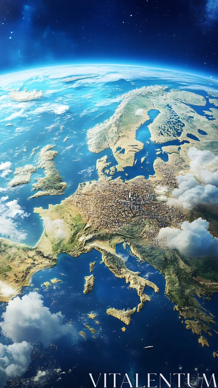 Europe from orbit under vivid daylight atmospheric glow.