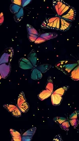 Nocturnal neon butterflies drifting through star-sprinkled void.