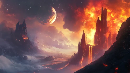 Lava citadel and burning cliffs under alien moon.