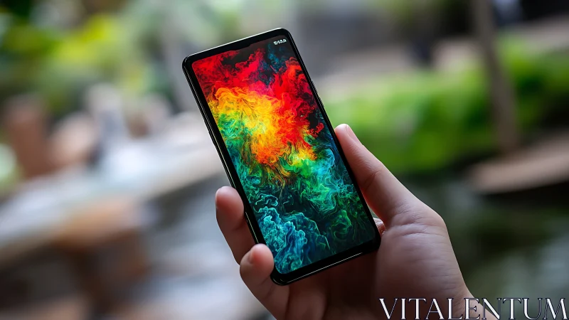 Smartphone Displaying Colorful Digital Fluid Art Wallpaper.