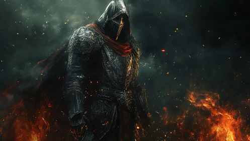 Armored dark knight standing amid fire and embers.
