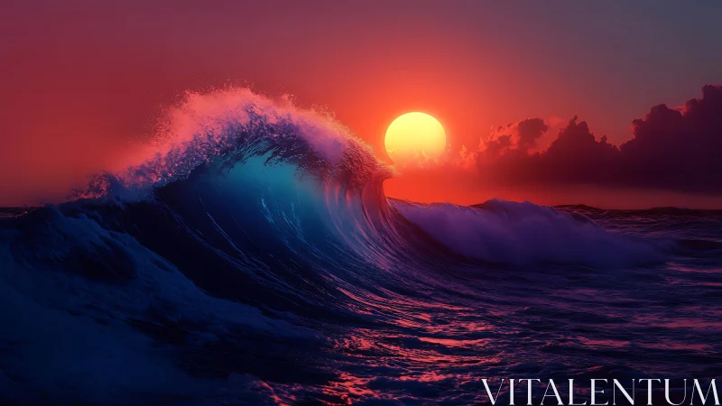 Radiant sunset illuminates cresting neon-blue ocean wave