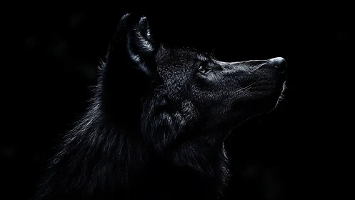 Side profile of black wolf against dark negative space.