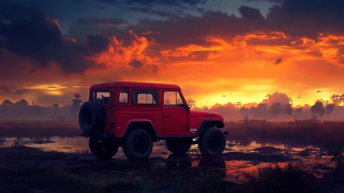 Classic red off road SUV under blazing sunset sky.