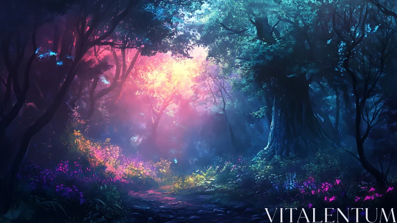 Bioluminescent Forest Environment with Chromatic Light Diffusion and Layered Atmospheric Rendering