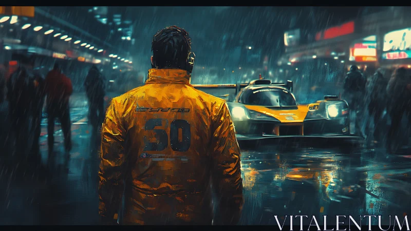 Race engineer faces prototype car under neon soaked rain