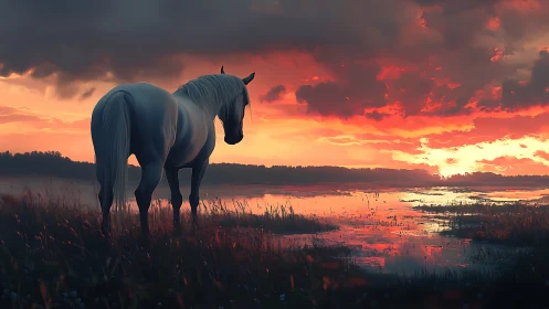 Gentle white horse resting by a glowing sunset marsh.
