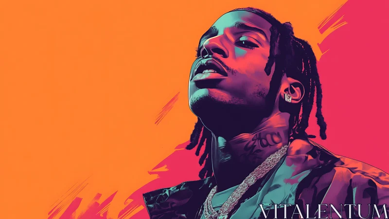 Bold digital portrait of rapper against vivid gradient.