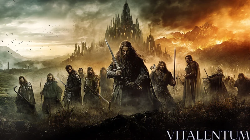 War-scarred warriors stride toward a storm-lit obsidian citadel