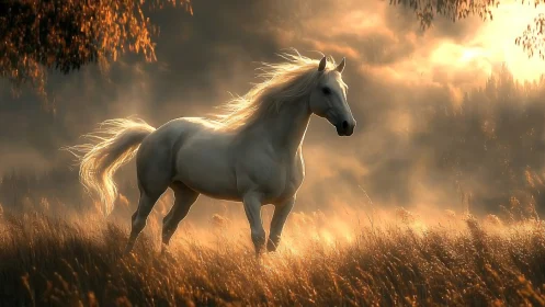 White horse runs through sunlit mist in golden meadow.