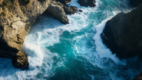Cliffside cauldron where turquoise waves storm the rocks.