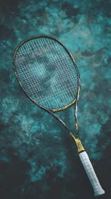 Tennis racket floats like moonlit metal over teal depths