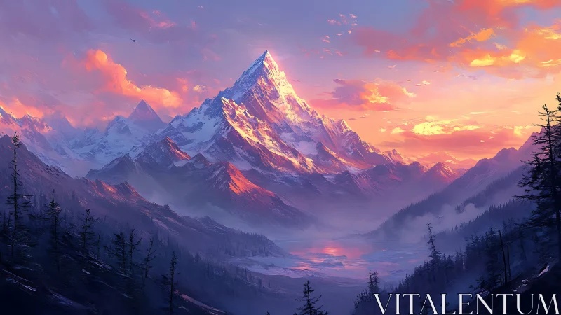 Snow-covered peak under diffuse sunset sky over valley.