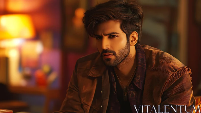 Brooding man in warm neon bar light conveys quiet intensity